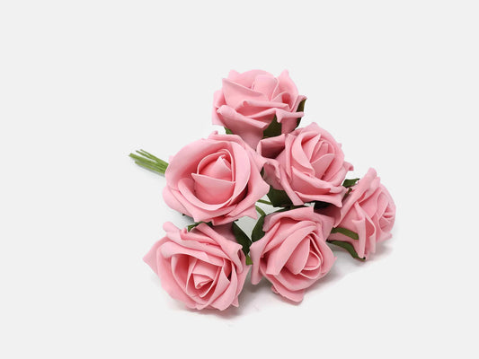 6 Head Foam Rose Bunch - Baby Pink