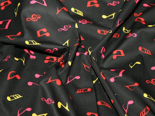1M 100% Cotton Poplin Musical Coloured Notes Black Fabric x 112cm / 44