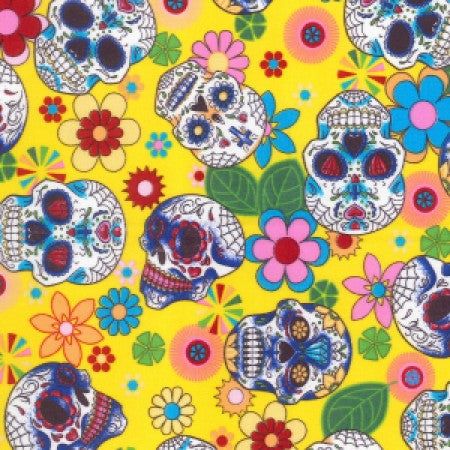 1 Metre 100% Cotton Poplin Fabric x 112cm / 44 -  Yellow Floral Skull - Y312