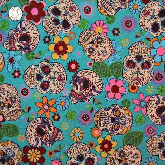 1 Metre 100% Cotton Poplin Fabric x 112cm / 44 -  Turquoise  Floral Skull - T312