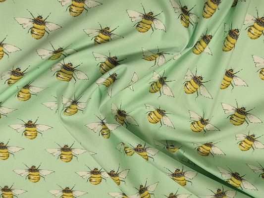 1M 100% Cotton Poplin Mint Continuous Bees Fabric x 112cm / 44