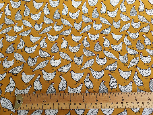 1M 100% Cotton Poplin Mustard Ochre Chickens Width: 110cm (45 inches)