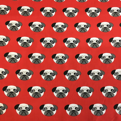1 Metre 100% Cotton Pug Dog on Red Background Fabric 110cm Width